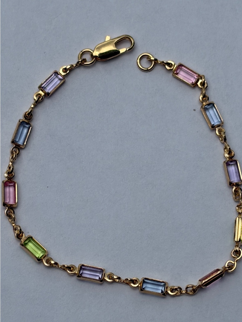 Gold Plated Multi-Color Baguette 7” Bracelet - Pink, Blue, Lavender, Green